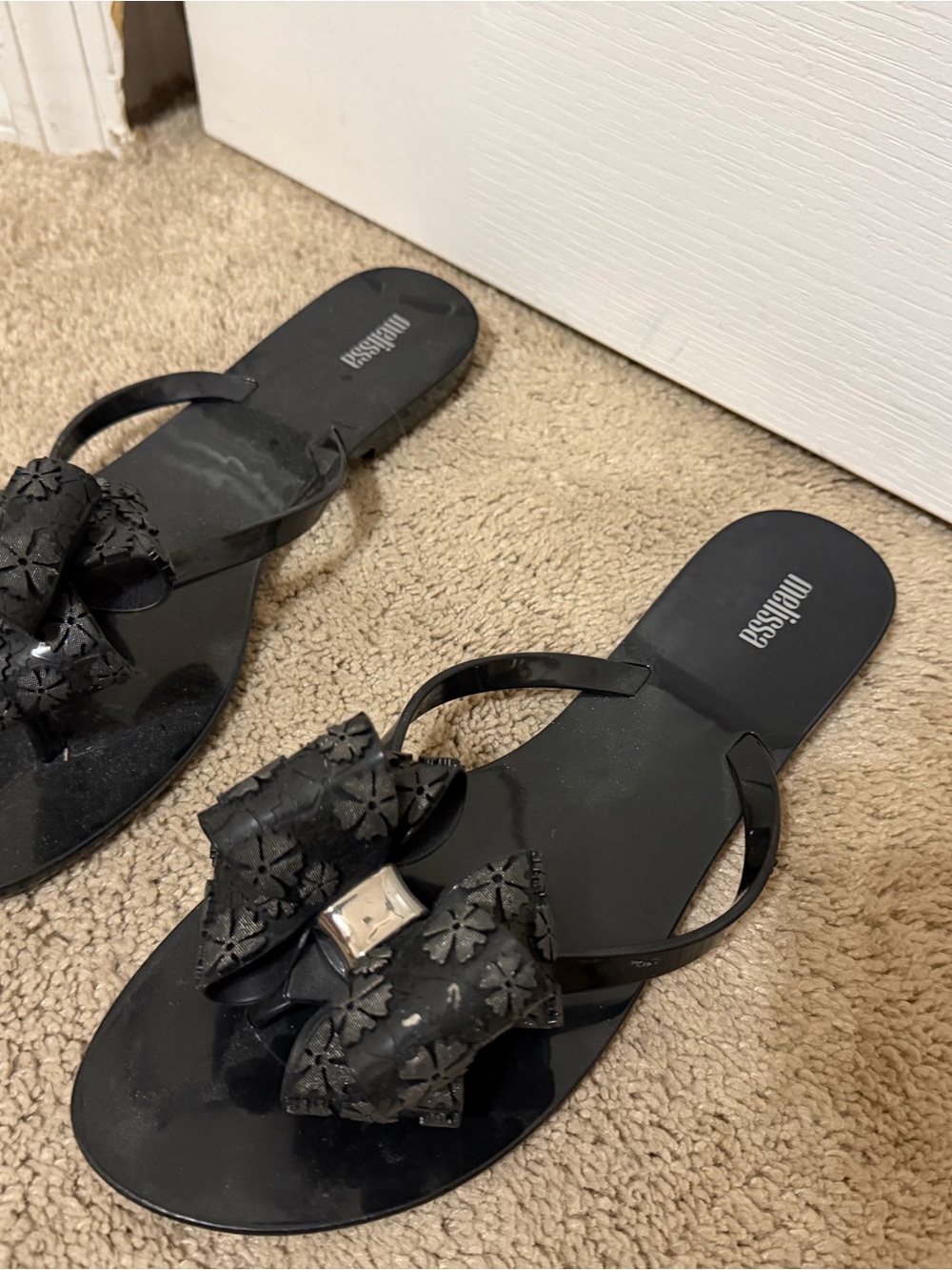 Melissa Black Jelly Flip Flops with Floral Bow Accent